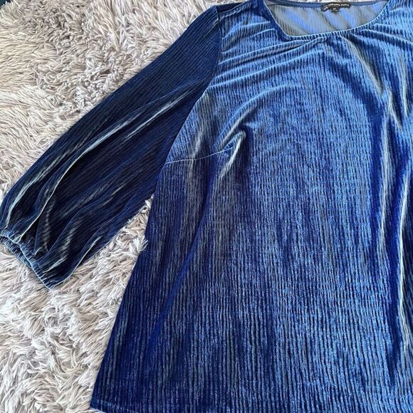 Adrianna Papell Blouse Top Size 3X Blue Velvet Ribbed Stretch Scoop Neck - Picture 4 of 10